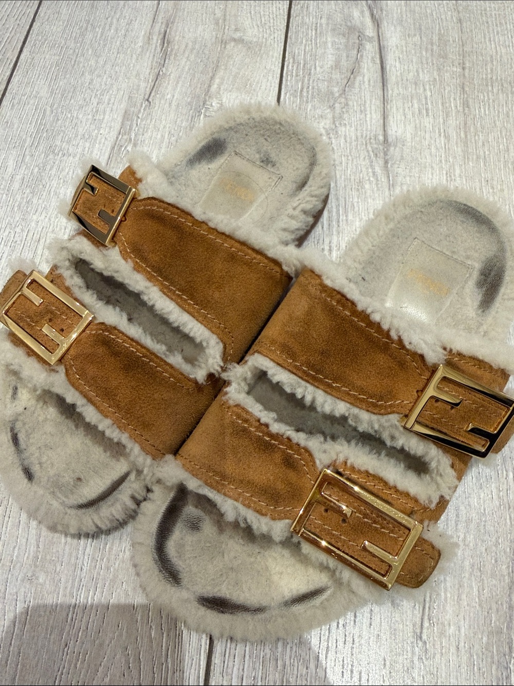 Fendi Suede Shearling Slides in Brown and Cream
